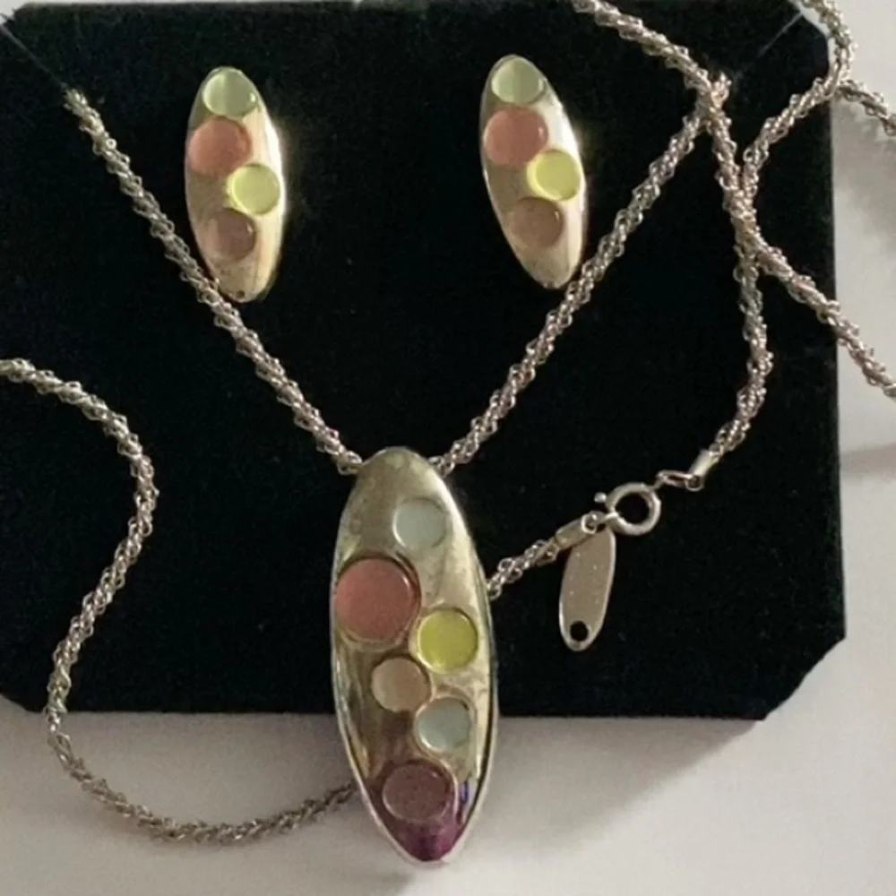 Rare! Vintage Whiting Davis Silver Earrings Pendant & Intricately Woven Chain Se